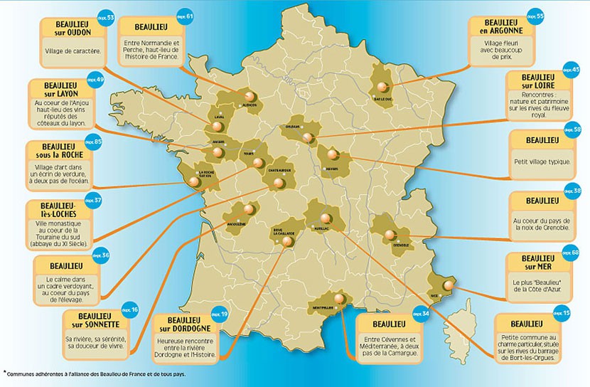 Localisation des communes adhérentes de l'Alliance des Beaulieu de France et de tous pay